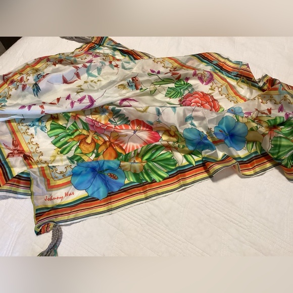 NWT JOHNNY WAS 100% SILK SCARF with florals and birds Square - Picture 4 of 10